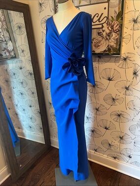 Chiara Boni S (M) Elegant Royal Blue Wrap Gown with Floral Accent